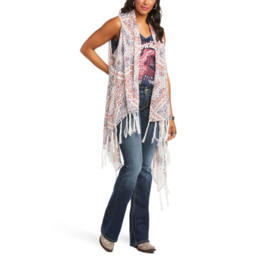 Ariat NWT Cowgirl Western White/Red/Purple Fringed Texas Heat Kimono, One Size